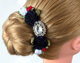 Harlequinade Ballet Bun Pin: Rhinestone & Red, White, Blue Flowers