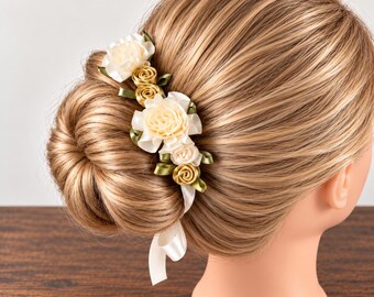 Gold and Ivory Nutcracker Angel BunWrap: Gold ballet bun wrap, Recital Performance Hairpiece