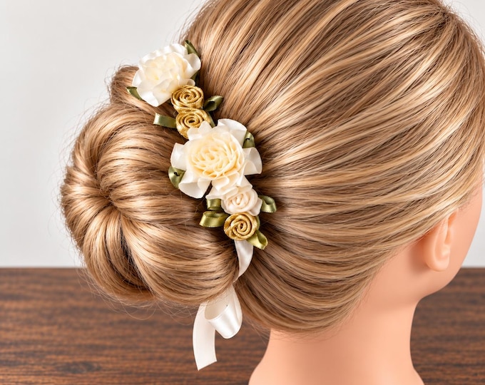 Gold and Ivory Nutcracker Angel BunWrap: Gold ballet bun wrap, Recital Performance Hairpiece
