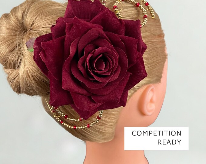 Burgundy Rose Ballet Headpiece: – Kitri Don Quixote, Paquita, Spanish Dance Bun Flower, Flamenco Hair