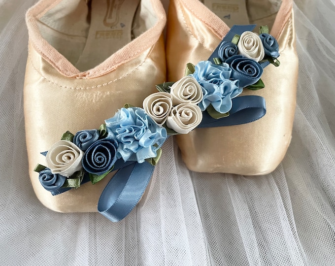 BunFlowerz Wedgewood Blue & Ivory Floral BunWrap (antique blue ballet wrap, floral hairpiece, giselle bun crown, floral garland, bun flower)