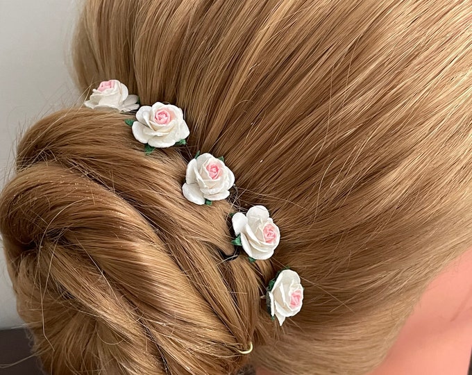 Mini Pink and White Mulberry BunPins (floral hair pins, bridal bun pins, ballet hair pins, flower girl hair, wedding hair pin, bunflowerz)