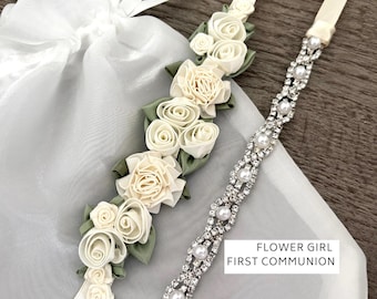 Ivory Flower Girl Hair Wrap Set – First Communion Floral & Rhinestone Bun Wrap Bundle