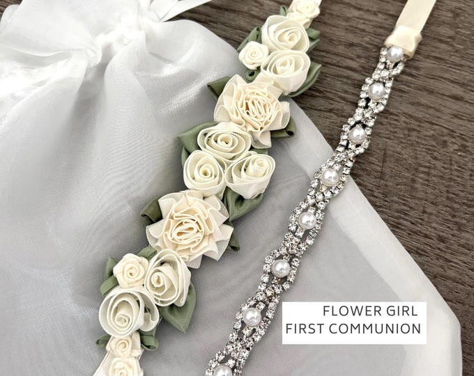 Ivory Flower Girl Hair Wrap Set – First Communion Floral & Rhinestone Bun Wrap Bundle