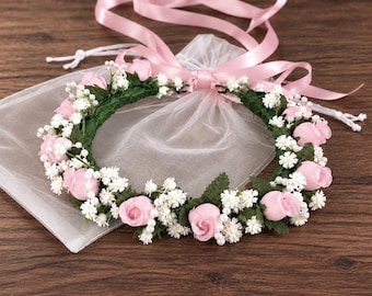 Blush Flower Girl Crown, Pink Floral Wedding Halo with pearls, Boho Hair Wreath