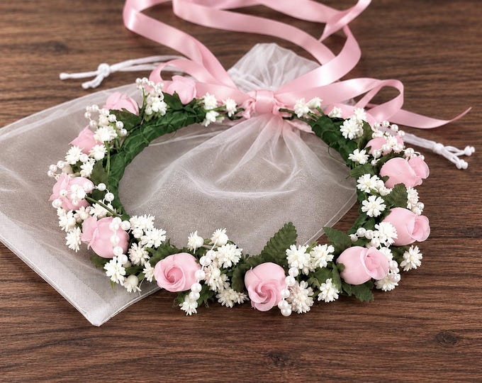 Blush Flower Girl Crown, Pink Floral Wedding Halo with pearls, Boho Hair Wreath