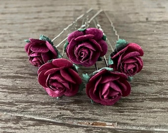 Burgundy Mulberry Flower Bun Pins: Ballet Hair Accessories (Set of 5)