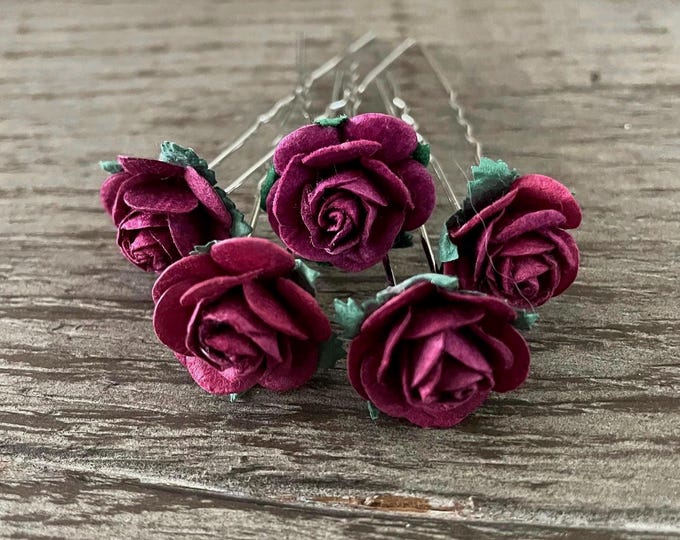 Burgundy Mulberry Flower Bun Pins: Ballet Hair Accessories (Set of 5)
