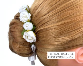 Bridal Bun Wrap with Pearls, Communion Hair Accessory, Flower Girl Crown, floral hair wreath