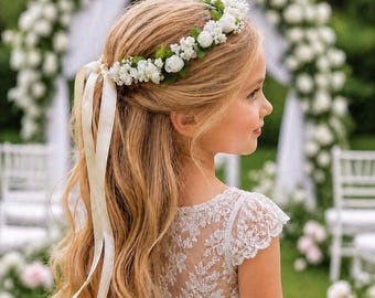 Ivory Flower Girl Crown, Delicate Floral Wreath with Pearls, First Communion Headpiece