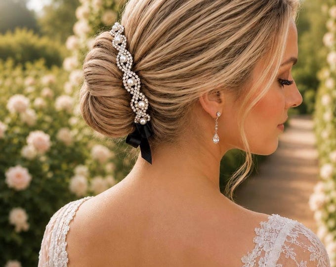 Bridal Pearl Rhinestone Hairpiece – Vintage Crystal Bride Hair Accessory, Wedding Bun Updo Wrap