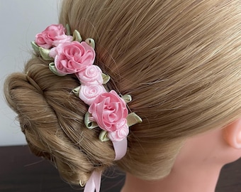 Pink Floral BunWreath: Pastel Satin Flower Hair Garland