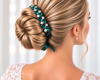 Green Rhinestone Bun Wrap: Esmerelda Ballet Hair Piece, Dance Recital Bunwrap