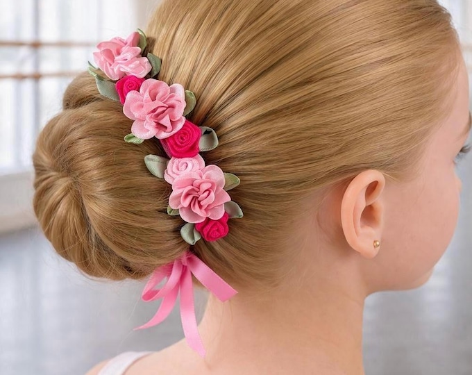 Pink Floral Rose BunWrap Collection: Dance HairPiece, Ballet Bun Flowers, Recital Hair Accessory