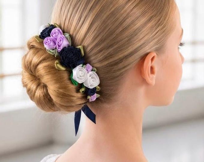 Ballet Recital BunFlowers, Navy & Lavender Dance Hair Accessory, Performance Hair Piece