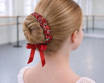 Red Ballet Bun Wrap Rhinestone Hairpiece, Spanish Dance Recital Hair Accessory, Competition Team BunWrap