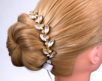 Bridal Crystal Hair Vine Gold Bun Wrap, Wedding Rhinestone Hairpiece for Bride