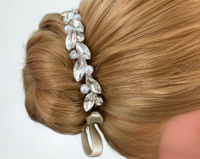 Bridal Pearl Crystal Hair Piece: Elegant Wedding Bun Accessory, Updo Sparkle