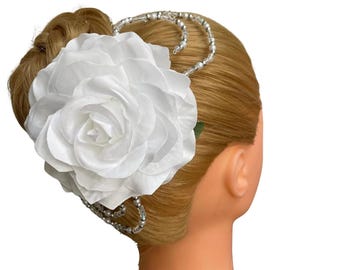 White Rose Ballet Headpiece: Silver Pearl Beaded Hair Flower
