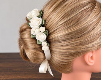 Ivory Floral Bridal Bun Wrap: Flower Girl Hair Piece, First Communion Wreath