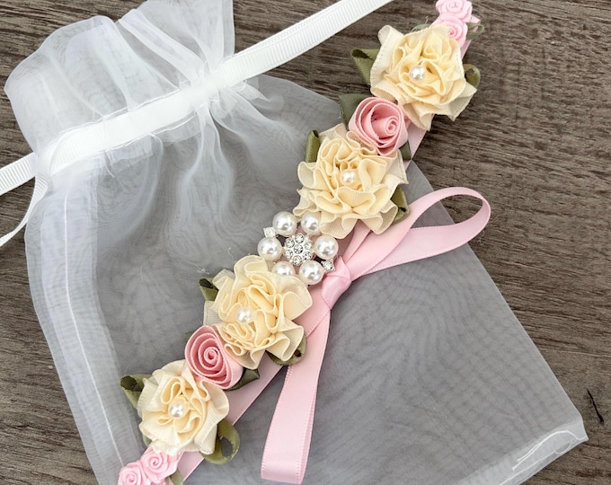 Ivory and Pink Rhinestone BunWrap: Pastel Pink ballet wrap, Dance hair piece