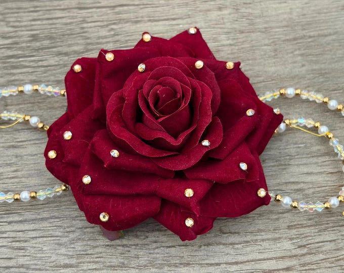 Burgundy Rose Dance Hair Piece with Crystals, Ballroom & Latin Competition Bun Accessory