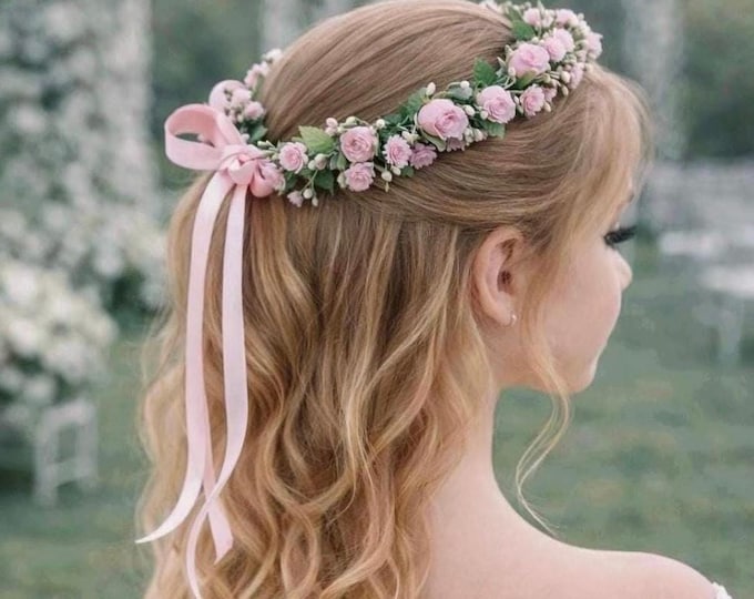 Soft Blush Floral Crown, Pink Flower Girl Wedding Headpiece, Boho Hair Wreath