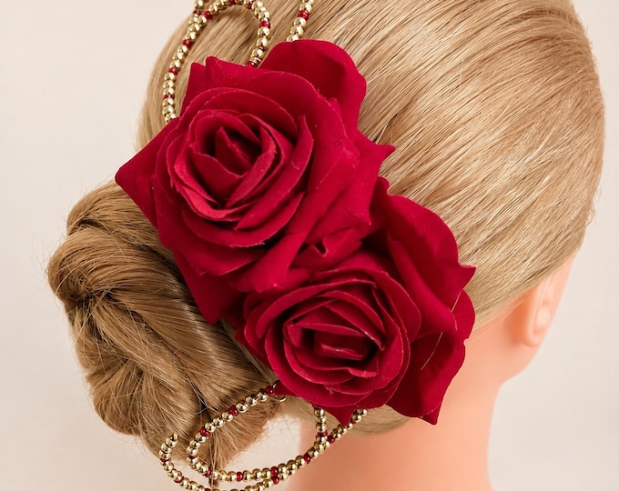 Red Rose Headpiece: Kitri Beaded Hair Flower for ballet, flamenco and latin competition dance