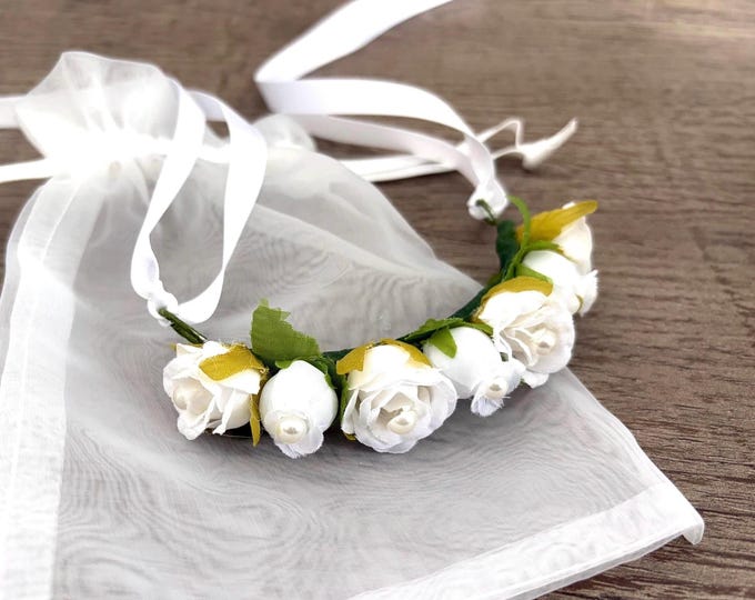 White or Ivory Rose Pearl Ballet Bun Garland, Dance Performance Hairpiece, Floral Wreath