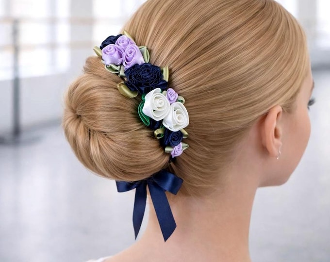 Ballet Recital BunFlowers, Navy & Lavender Dance Hair Accessory, Performance Hair Piece