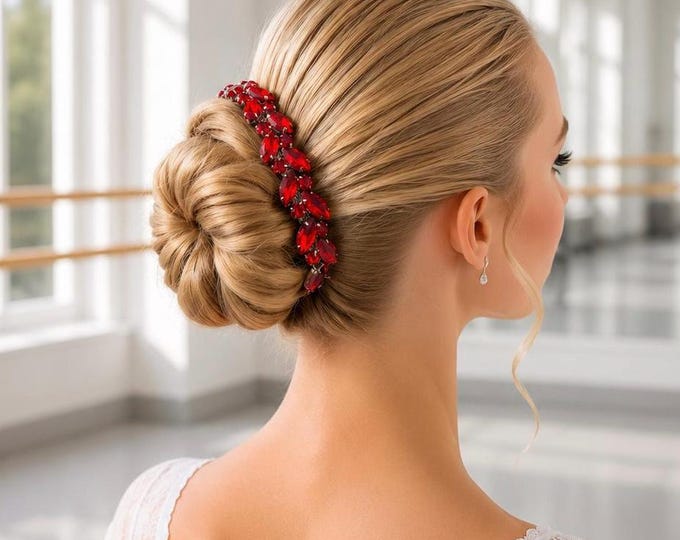 Red Ballet Bun Wrap Rhinestone Hairpiece, Spanish Dance Recital Hair Accessory, Competition Team BunWrap