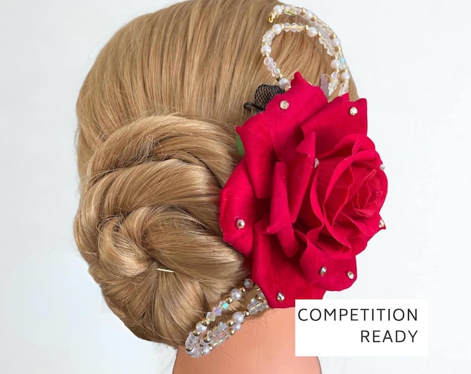 Red Rose Dance Hair Piece for Competition, Kitri Ballet Headpiece, Paquita Hair Flower
