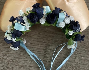 BunFlowerz Navy Blue YAGP Hairpiece (Giselle hair garland, medora buncrown, flower crown, blue bird head piece, navy flower garland)