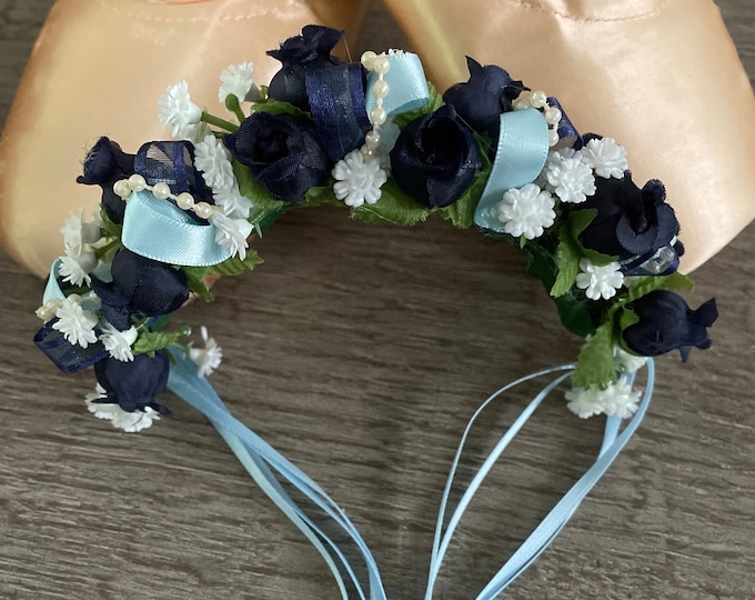 BunFlowerz Navy Blue YAGP Hairpiece (Giselle hair garland, medora buncrown, flower crown, blue bird head piece, navy flower garland)