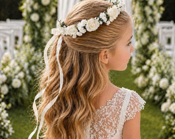 Ivory Flower girl crown, first communion halo, floral hair wreath