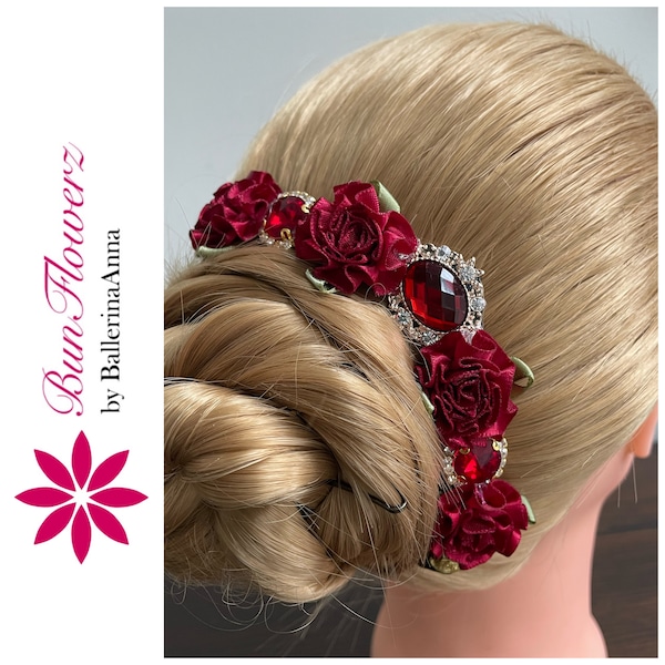 BunFlowerz Paquita Gamzatti 3-Jewel BunPin (burgundy bun pin, burgundy jewel hair piece, paquita ballet wrap, gamzatti hair garland)