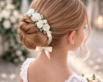 Ivory Floral Bridal Bun Wrap: Flower Girl Hair Piece, First Communion Wreath
