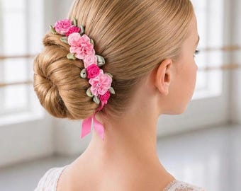 Pink Floral Rose BunWrap Collection: Dance HairPiece, Ballet Bun Flowers, Recital Hair Accessory