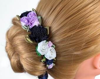 Ballet Recital BunFlowers, Navy & Lavender Dance Hair Accessory, Performance Hair Piece
