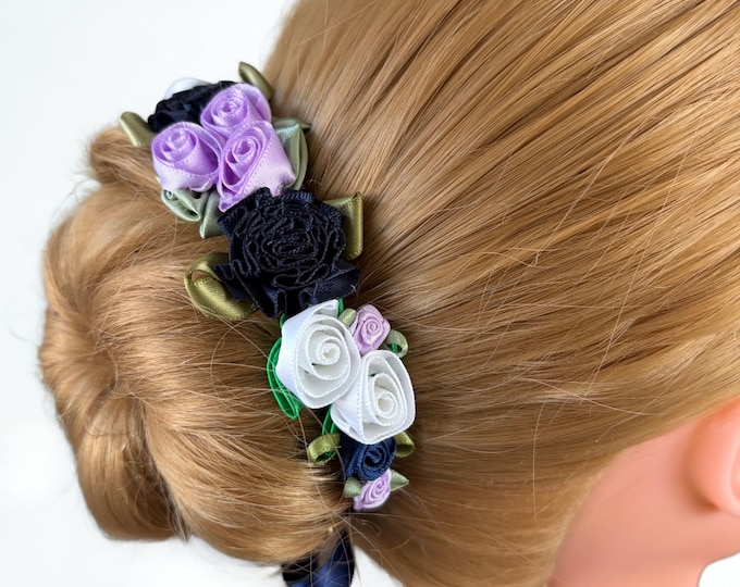 Ballet Recital BunFlowers, Navy & Lavender Dance Hair Accessory, Performance Hair Piece