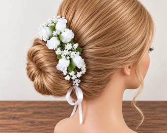 White Flower Bun Crown, Bridal floral hairpiece, wedding updo hair accessory