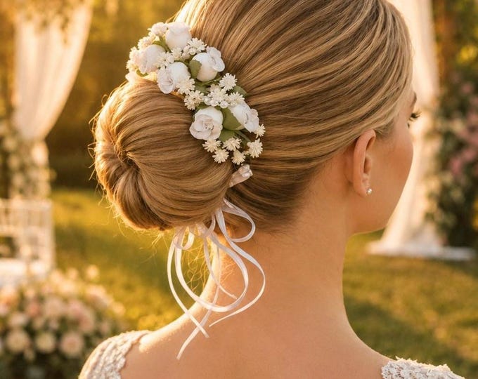 White Flower Bun Crown, Bridal floral hairpiece, wedding updo hair accessory