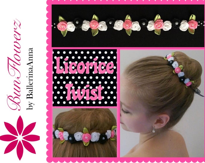 BunFlowerz Pink and Black Rosette BunWreath (floral hairpiece, ballet wrap, hair garland, buncrown, bun pin, satin rose bunwrap)