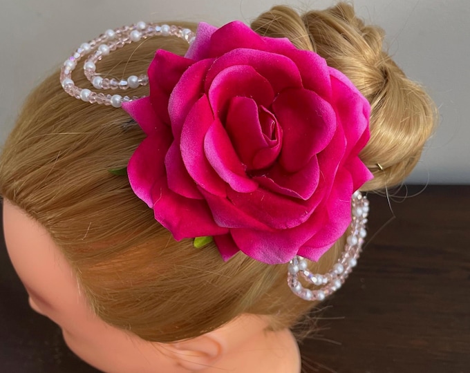 Dark Pink Rose Ballet Headpiece: Beaded Floral Hair Clip