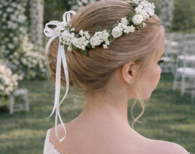 First Communion Hair Wreath, Flower girl crown, White Floral Halo with pearls
