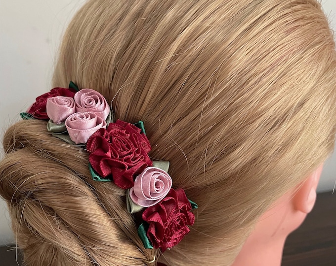 BunFlowerz Burgundy Mauve BunWrap (paquita burgundy ballet wrap, mauve rose hair garland, burgundy bun pin, paquita bun wrap, paquita pin)