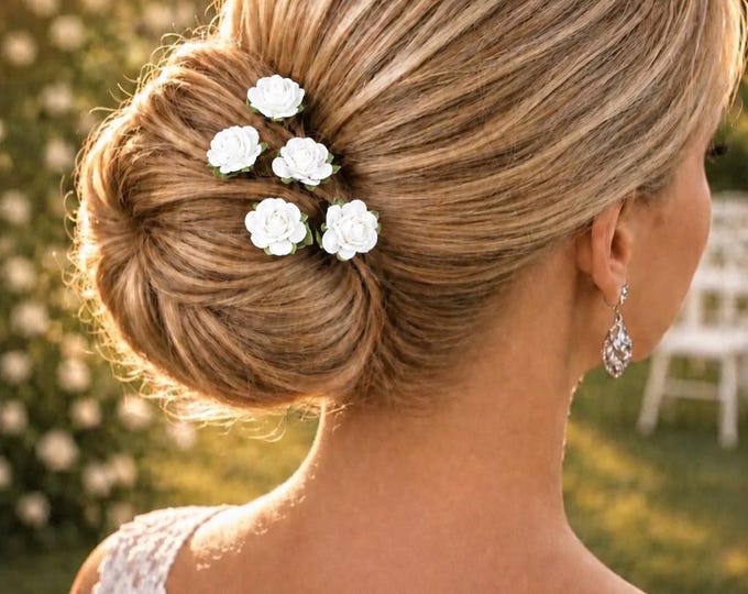 White Mulberry Flower Hairpins: Bridal Ballet Bun Pins, Wedding Updo Accessory