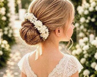 Ivory Pearl Bridal Bun Wrap: Flower Girl Hair Piece, First Communion Wreath
