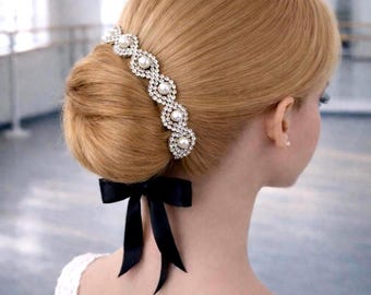 Pearl Rhinestone Ballet BunWrap – Classical Dance Hair Accessory – Competition Ballet Headpiece – Bun Crown