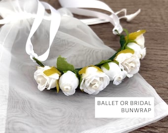 White or Ivory Rose Pearl Ballet Bun Garland, Dance Performance Hairpiece, Floral Wreath